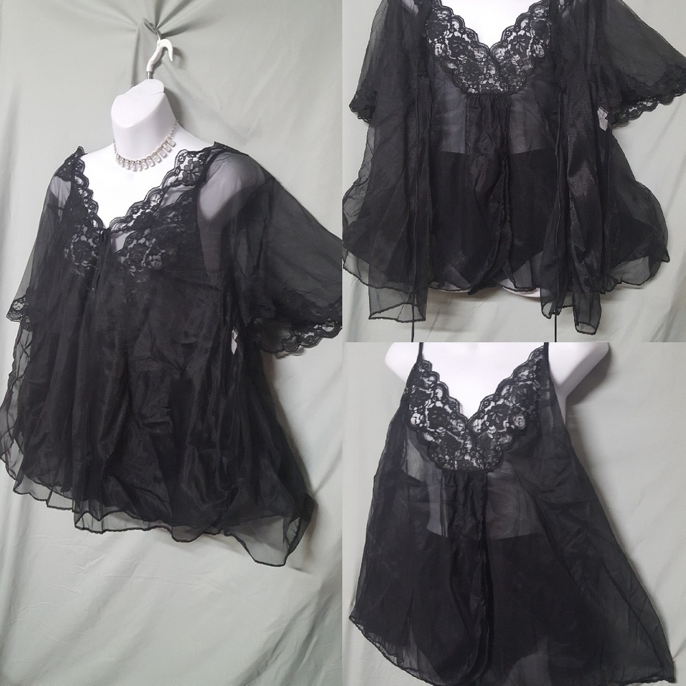 3 PIECE BLACK SHEER BABYDOLL NIGHTGOWN/PANTY/COVER